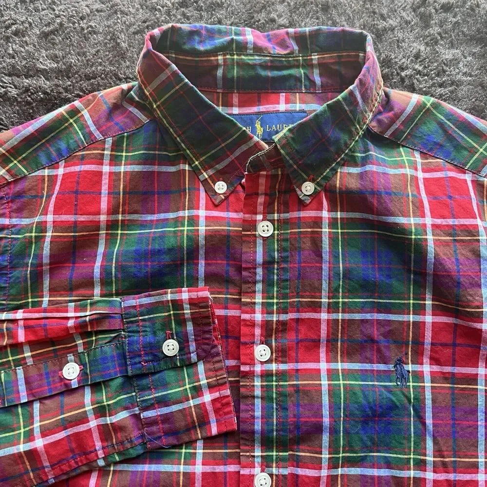 Ralph Lauren‎ Red Green Purple Christmas Plaid Long Sleeve Shirt Boys L 14-16